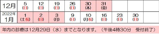 年末年始　2022　休診日